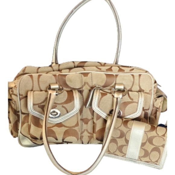 COACH MONOGRAM SIGNATURE GALLERY POCKET TOTE SATCHEL WITH MATCHING WALLET - Picture 1 of 8